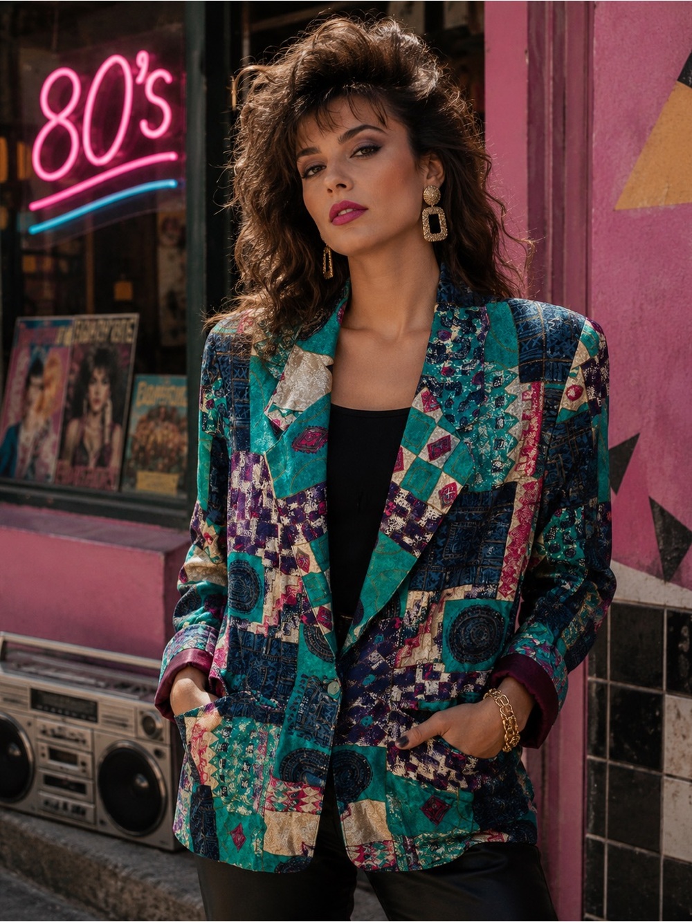 Vintage 80s Retro Teal Patchwork Blazer Paisley Colorblock